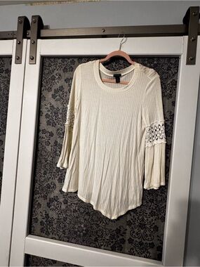 new directions Cream Ribbed Tunic with Crochet Bell Sleeves